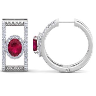 2 1/2 Carat Ruby and Lab Grown Diamond Hoop Earrings In 14 Karat White Gold