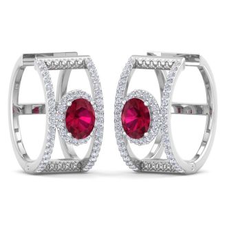 2 1/2 Carat Ruby and Lab Grown Diamond Hoop Earrings In 14 Karat White Gold