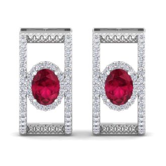 2 1/2 Carat Ruby and Lab Grown Diamond Hoop Earrings In 14 Karat White Gold