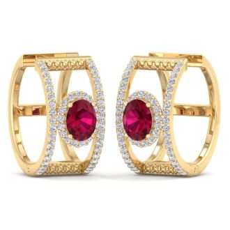 2 1/2 Carat Ruby and Lab Grown Diamond Hoop Earrings In 14 Karat Yellow Gold