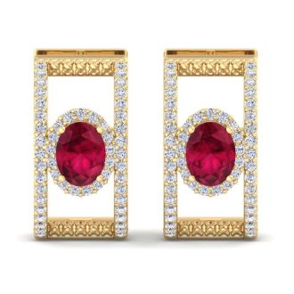 2 1/2 Carat Ruby and Lab Grown Diamond Hoop Earrings In 14 Karat Yellow Gold