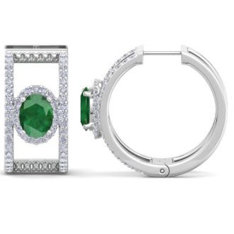 2 1/2 Carat Emerald and Lab Grown Diamond Hoop Earrings In 14 Karat White Gold