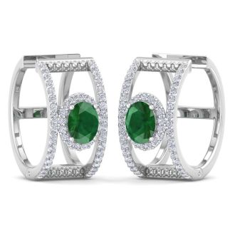 2 1/2 Carat Emerald and Lab Grown Diamond Hoop Earrings In 14 Karat White Gold