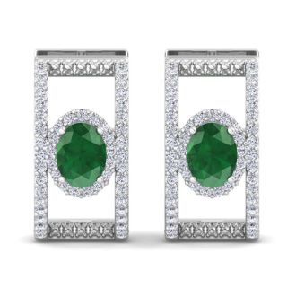 2 1/2 Carat Emerald and Lab Grown Diamond Hoop Earrings In 14 Karat White Gold