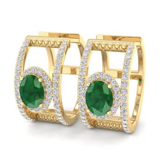 2 1/2 Carat Emerald and Lab Grown Diamond Hoop Earrings In 14 Karat Yellow Gold