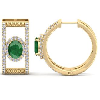 2 1/2 Carat Emerald and Lab Grown Diamond Hoop Earrings In 14 Karat Yellow Gold