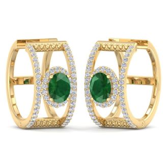 2 1/2 Carat Emerald and Lab Grown Diamond Hoop Earrings In 14 Karat Yellow Gold