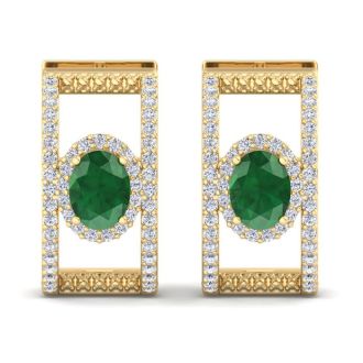 2 1/2 Carat Emerald and Lab Grown Diamond Hoop Earrings In 14 Karat Yellow Gold