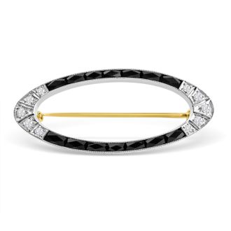 Estate Jewelry 14K White and Yellow Gold White Sapphire and Black Onyx Pin, 1-1/2 Inches