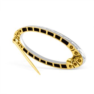Estate Jewelry 14K White and Yellow Gold White Sapphire and Black Onyx Pin, 1-1/2 Inches