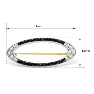 Estate Jewelry 14K White and Yellow Gold White Sapphire and Black Onyx Pin, 1-1/2 Inches