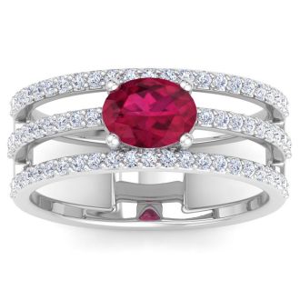 1 1/2 Carat Lab Grown Diamond and Ruby Wrap Ring In 14 Karat White Gold
