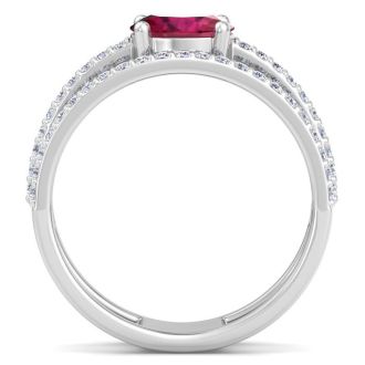 1 1/2 Carat Lab Grown Diamond and Ruby Wrap Ring In 14 Karat White Gold
