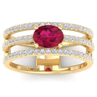 1 1/2 Carat Lab Grown Diamond and Ruby Wrap Ring In 14 Karat Yellow Gold