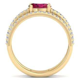 1 1/2 Carat Lab Grown Diamond and Ruby Wrap Ring In 14 Karat Yellow Gold