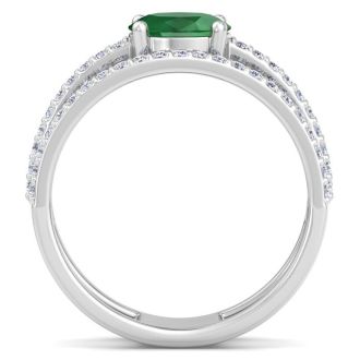 1 1/2 Carat Lab Grown Diamond and Emerald Wrap Ring In 14 Karat White Gold
