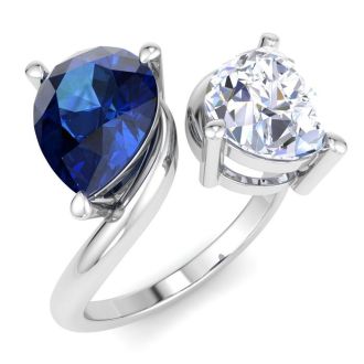 3 1/2 Carat Sapphire and Lab Grown Diamond Two Stone Engagement Ring In 14 Karat White Gold, Pear-Pear