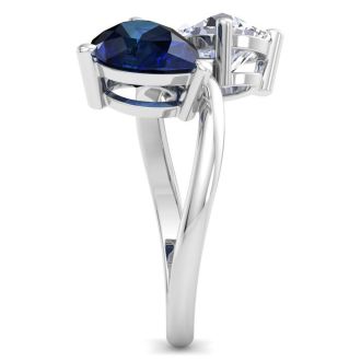 3 1/2 Carat Sapphire and Lab Grown Diamond Two Stone Engagement Ring In 14 Karat White Gold, Pear-Pear