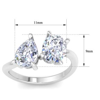 3 Carat Lab Grown Diamond Two Stone Engagement Ring In 14 Karat White Gold, Pear-Oval