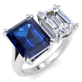 6 Carat Sapphire and Lab Grown Diamond Two Stone Engagement Ring In 14 Karat White Gold, Emerald