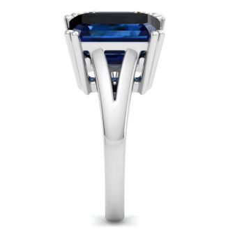 6 Carat Sapphire and Lab Grown Diamond Two Stone Engagement Ring In 14 Karat White Gold, Emerald