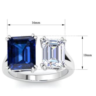 6 Carat Sapphire and Lab Grown Diamond Two Stone Engagement Ring In 14 Karat White Gold, Emerald
