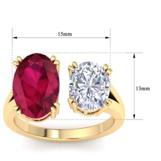5 Carat Ruby and Lab Grown Diamond Two Stone Engagement Ring In 14 Karat Yellow Gold, Oval
