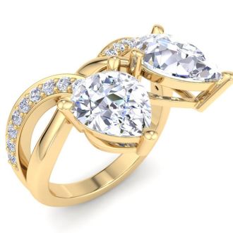 3 1/2 Carat Lab Grown Diamond Two Stone Engagement Ring In 14 Karat Yellow Gold, Pear