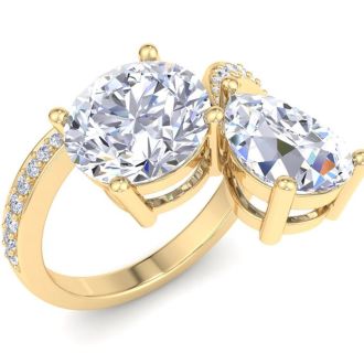 3 1/2 Carat Lab Grown Diamond Two Stone Engagement Ring In 14 Karat Yellow Gold, Pear-Round