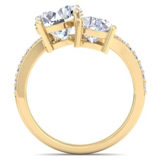 3 1/2 Carat Lab Grown Diamond Two Stone Engagement Ring In 14 Karat Yellow Gold, Pear-Round