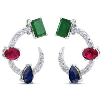 3 Carat Emerald, Ruby, Sapphire and Lab Grown Diamond Hoop Earrings In 14 Karat White Gold, 3/4 Inch