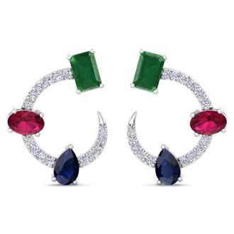 3 Carat Emerald, Ruby, Sapphire and Lab Grown Diamond Hoop Earrings In 14 Karat White Gold, 3/4 Inch