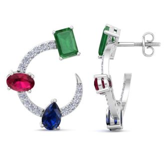 3 Carat Emerald, Ruby, Sapphire and Lab Grown Diamond Hoop Earrings In 14 Karat White Gold, 3/4 Inch