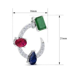 3 Carat Emerald, Ruby, Sapphire and Lab Grown Diamond Hoop Earrings In 14 Karat White Gold, 3/4 Inch