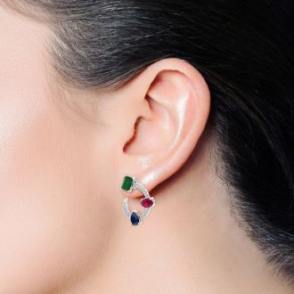 3 Carat Emerald, Ruby, Sapphire and Lab Grown Diamond Hoop Earrings In 14 Karat White Gold, 3/4 Inch