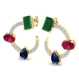 3 Carat Emerald, Ruby, Sapphire and Lab Grown Diamond Hoop Earrings In 14 Karat Yellow Gold, 3/4 Inch