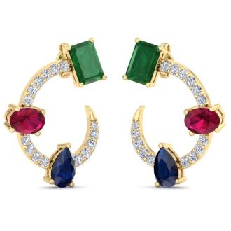 3 Carat Emerald, Ruby, Sapphire and Lab Grown Diamond Hoop Earrings In 14 Karat Yellow Gold, 3/4 Inch