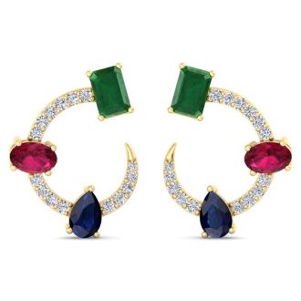 3 Carat Emerald, Ruby, Sapphire and Lab Grown Diamond Hoop Earrings In 14 Karat Yellow Gold, 3/4 Inch