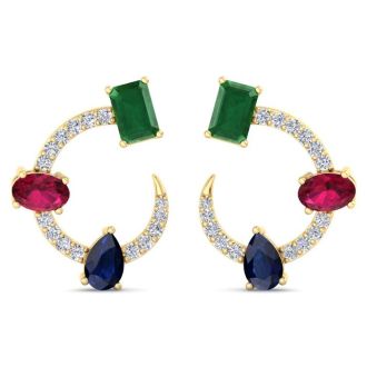 3 Carat Emerald, Ruby, Sapphire and Lab Grown Diamond Hoop Earrings In 14 Karat Yellow Gold, 3/4 Inch