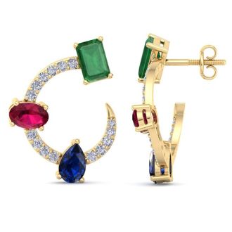 3 Carat Emerald, Ruby, Sapphire and Lab Grown Diamond Hoop Earrings In 14 Karat Yellow Gold, 3/4 Inch