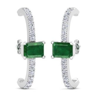 2 1/2 Carat Emerald and Lab Grown Diamond Hoop Earrings In 14 Karat White Gold