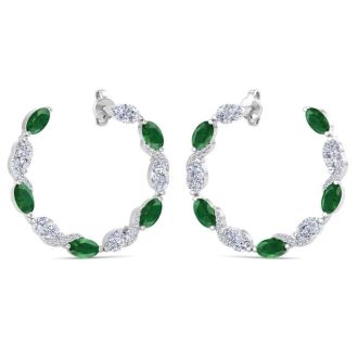 4 3/4 Carat Emerald and Lab Grown Diamond Hoop Earrings In 14 Karat White Gold