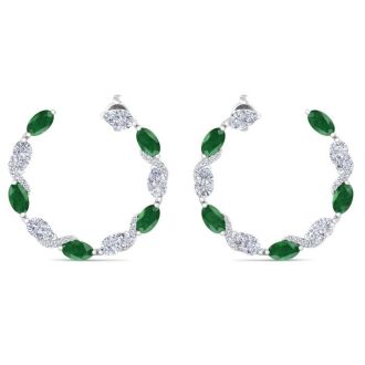 4 3/4 Carat Emerald and Lab Grown Diamond Hoop Earrings In 14 Karat White Gold