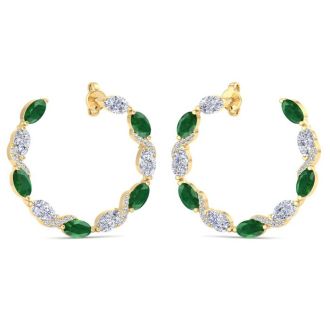 4 3/4 Carat Emerald and Lab Grown Diamond Hoop Earrings In 14 Karat Yellow Gold