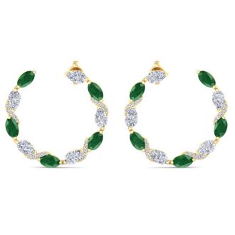 4 3/4 Carat Emerald and Lab Grown Diamond Hoop Earrings In 14 Karat Yellow Gold