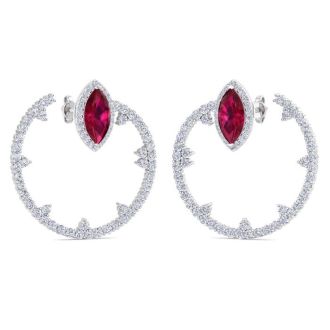 6 Carat Ruby and Lab Grown Diamond Hoop Earrings In 14 Karat White Gold