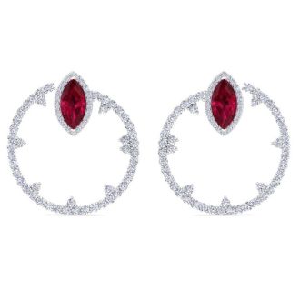 6 Carat Ruby and Lab Grown Diamond Hoop Earrings In 14 Karat White Gold