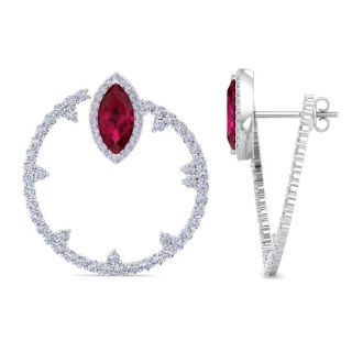 6 Carat Ruby and Lab Grown Diamond Hoop Earrings In 14 Karat White Gold