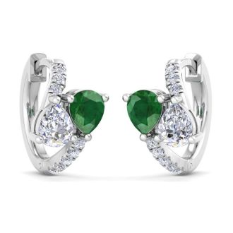 1 1/2 Carat Emerald and Lab Grown Diamond Hoop Earrings In 14 Karat White Gold