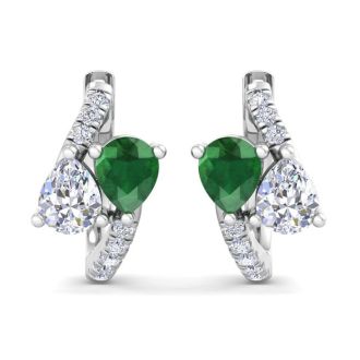 1 1/2 Carat Emerald and Lab Grown Diamond Hoop Earrings In 14 Karat White Gold
